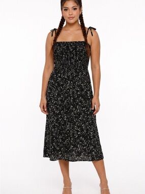 2375 - Black Ditsy Floral Smocked Tie-Strap Sundress Maxi Dress - Extra Large